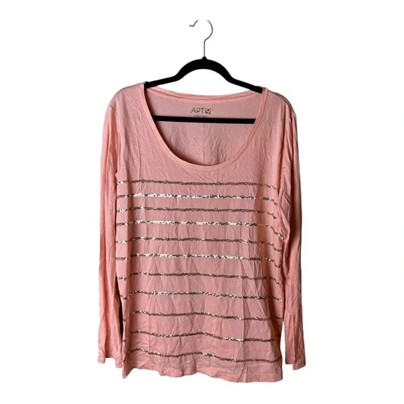 Apt. 9 Women’s Blush Gold Sequin Stripes Long Sleeve Tee Size XL - Picture 2 of 8